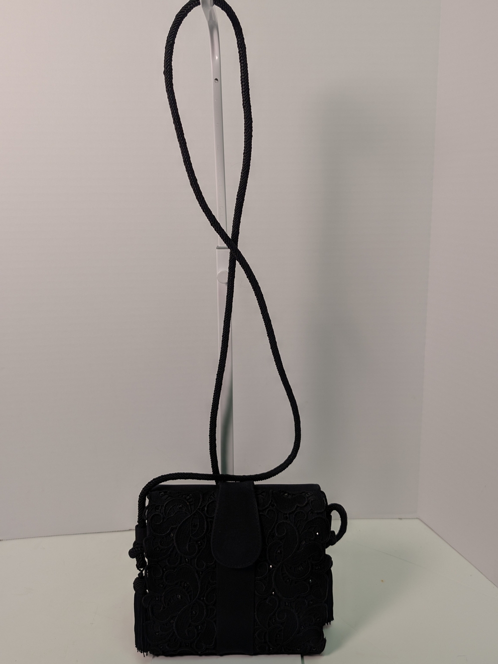 Stuart Weitzman Black Embellished Crossbody Bag with Tassel